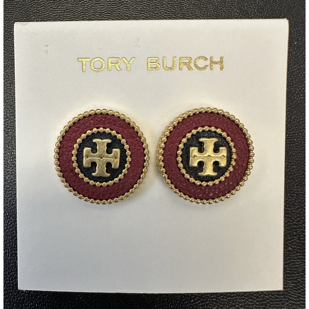 Tory Burch Double T Gold Tone & Leather Round Milgrain Stud Earrings Unisex New - Picture 3 of 4